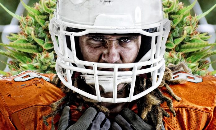 Fotomontage: Footballspieler mit Dreadlocks, im Hintergrund Cannabis