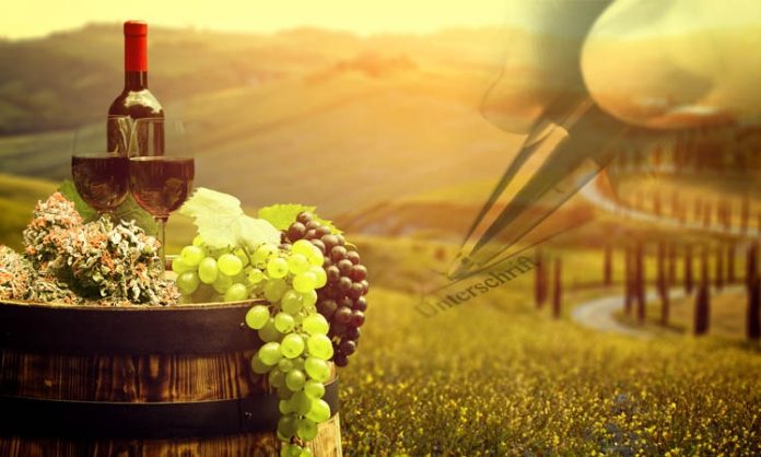 Fotomontage: Weintrauben, Wein und Cannabis auf einem Fass. im Hintergrund eine idyllische Landschaft