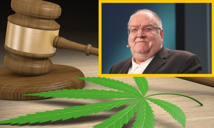 Fotomontage: Richter Fischer, ein Richterhammer mit Cannabisblatt