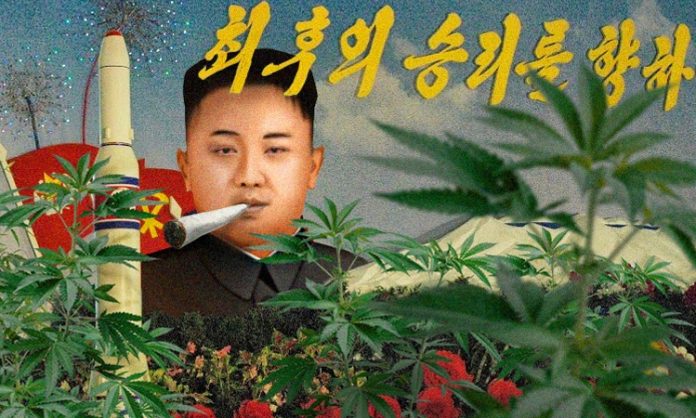 Fotomontage: Der Nordkoreanische Diktator, eine Rakete, eine rote Flagge, Cannabispflanzen