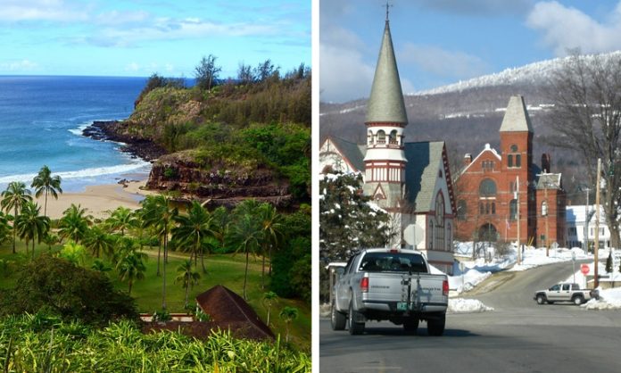 Zweigeteiltes Bild: links Hawaii, rechts Vermont
