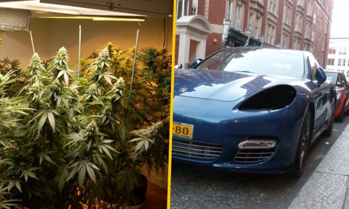 Zweigeteiltes Bild: Links Indoor-Cannabis, rechts ein geparkter Porsche mit herausgelösten Scheinwerfern
